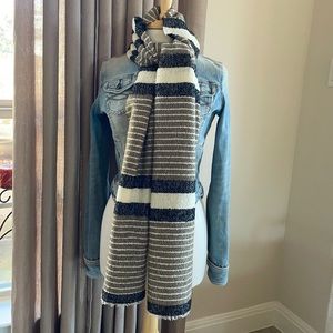 Taupe, cream, and black striped 14” x 88” woven scarf